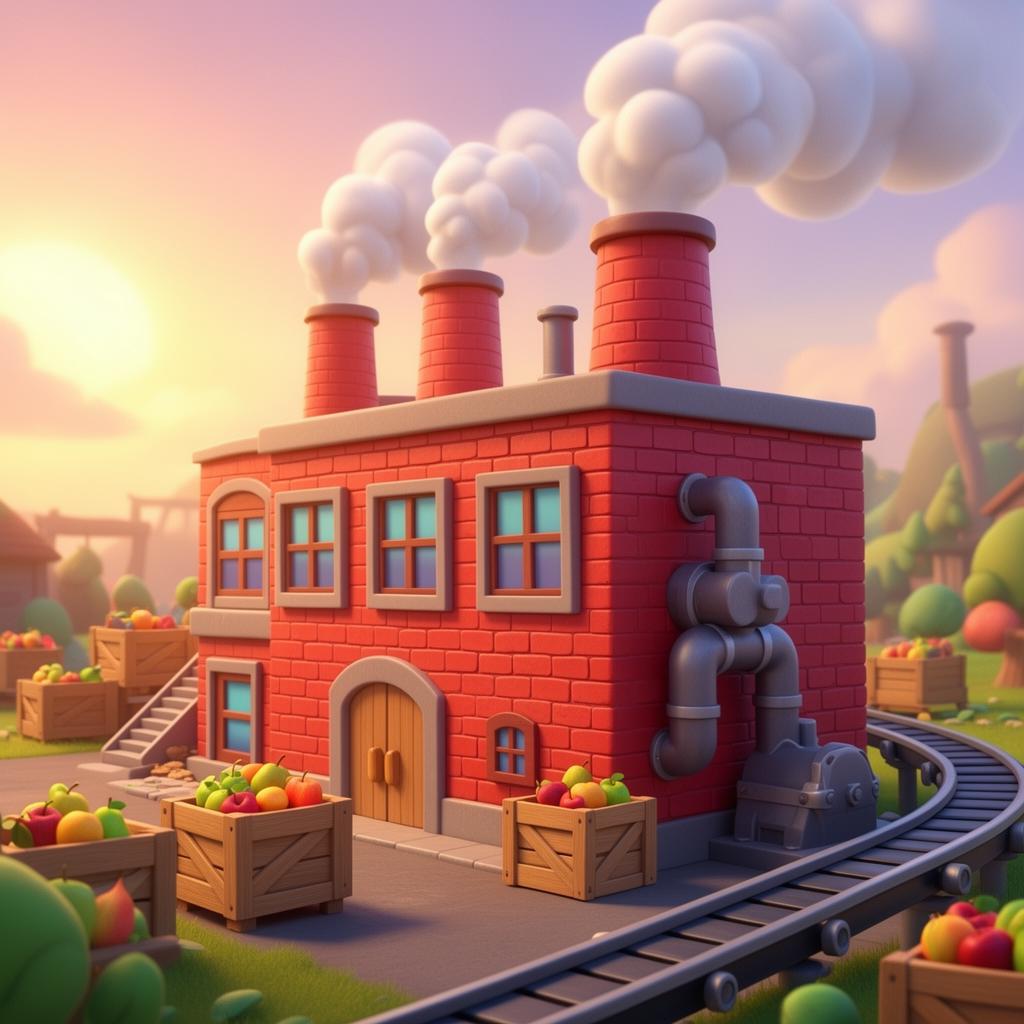 Charming brick factory with smoke stacks and fruit crates
