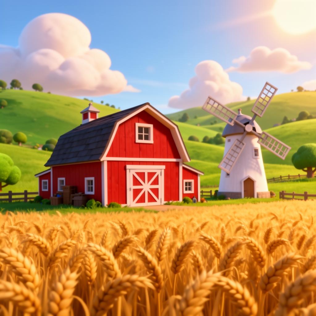 Cozy red barn with white windmill and wheat field