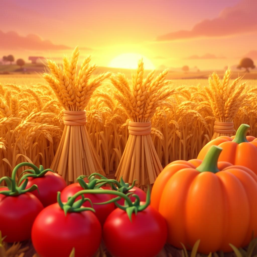 Golden wheat sheaves, ripe tomatoes and pumpkins at sunset