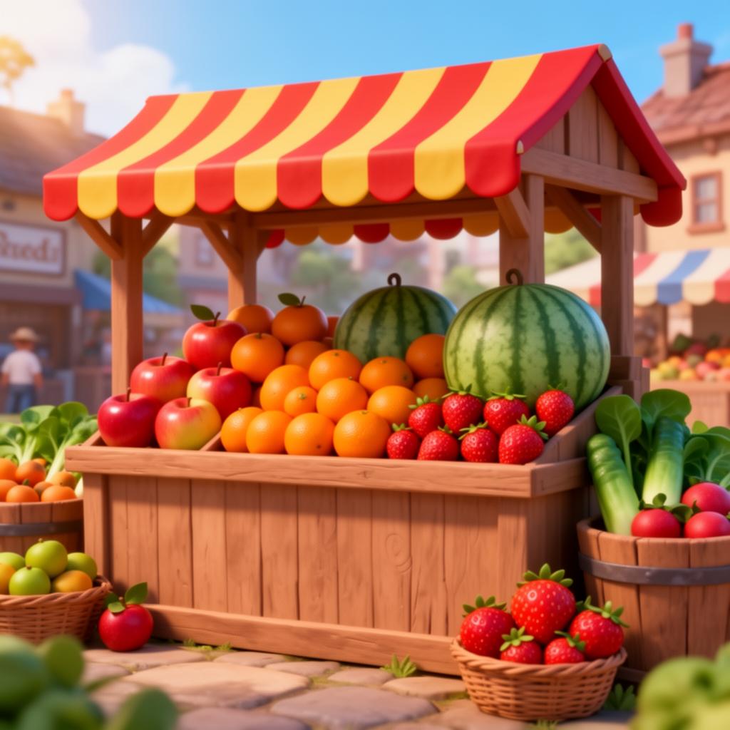 Wooden market stall full of colorful fresh fruit
