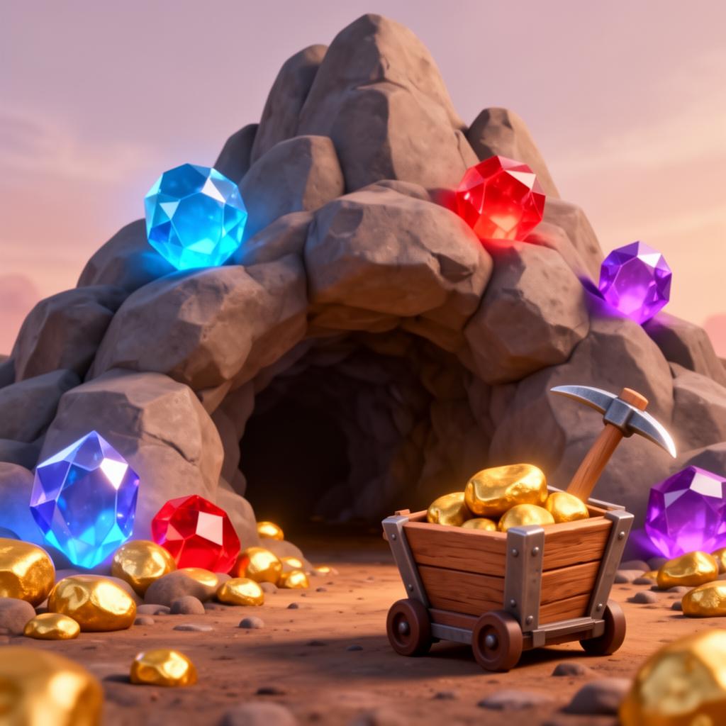 Cartoon mine with glowing gems, gold nuggets and a mine cart