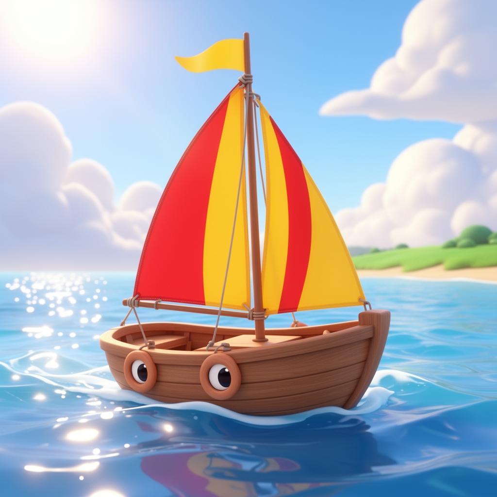 Cartoon wooden sailboat on sparkling blue water