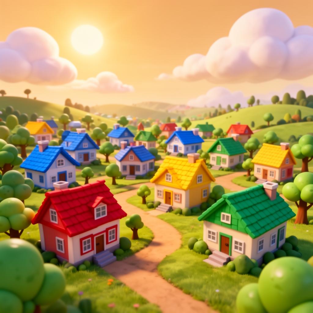 Cheerful cartoon town with colorful rooftops