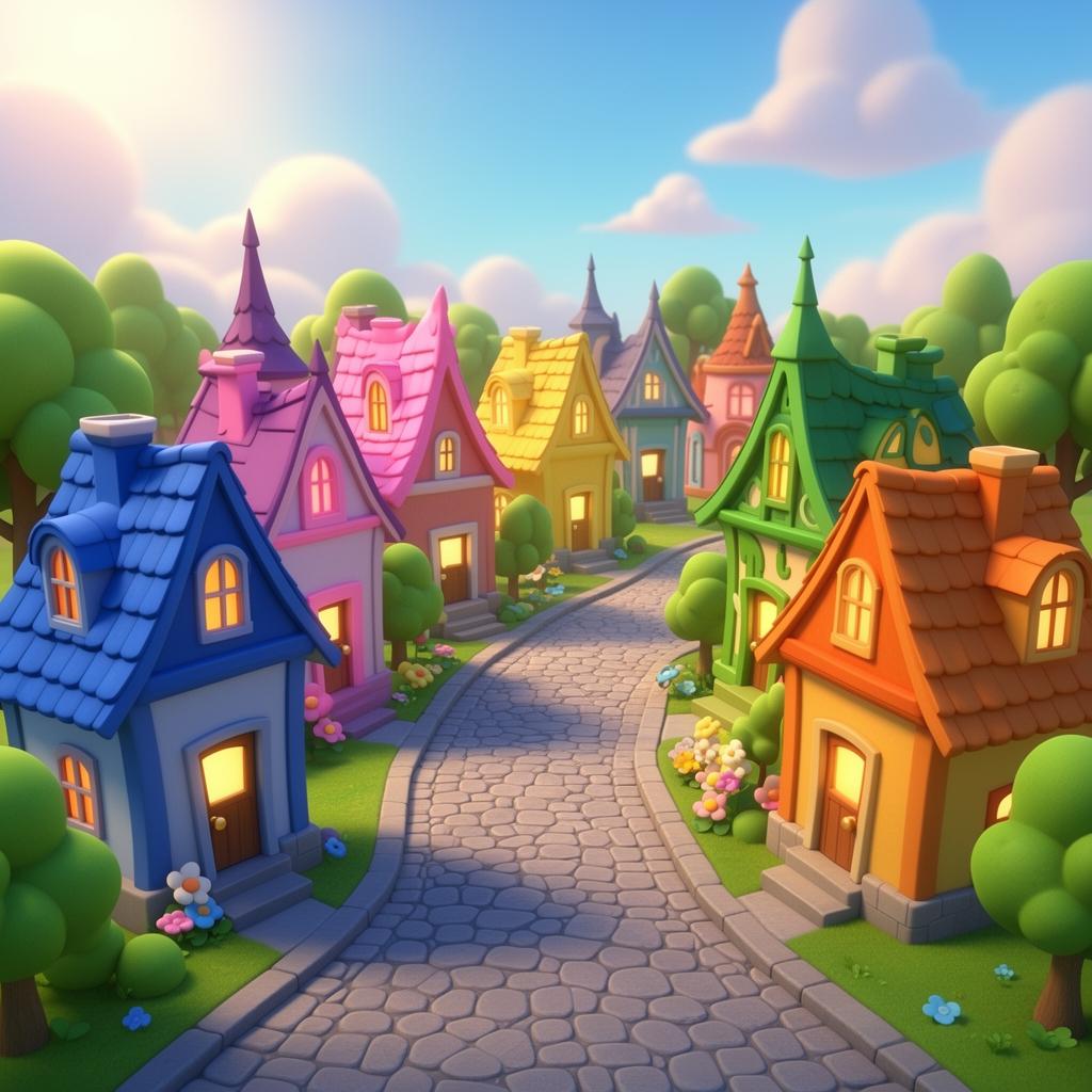 Colorful cartoon village street with pastel houses