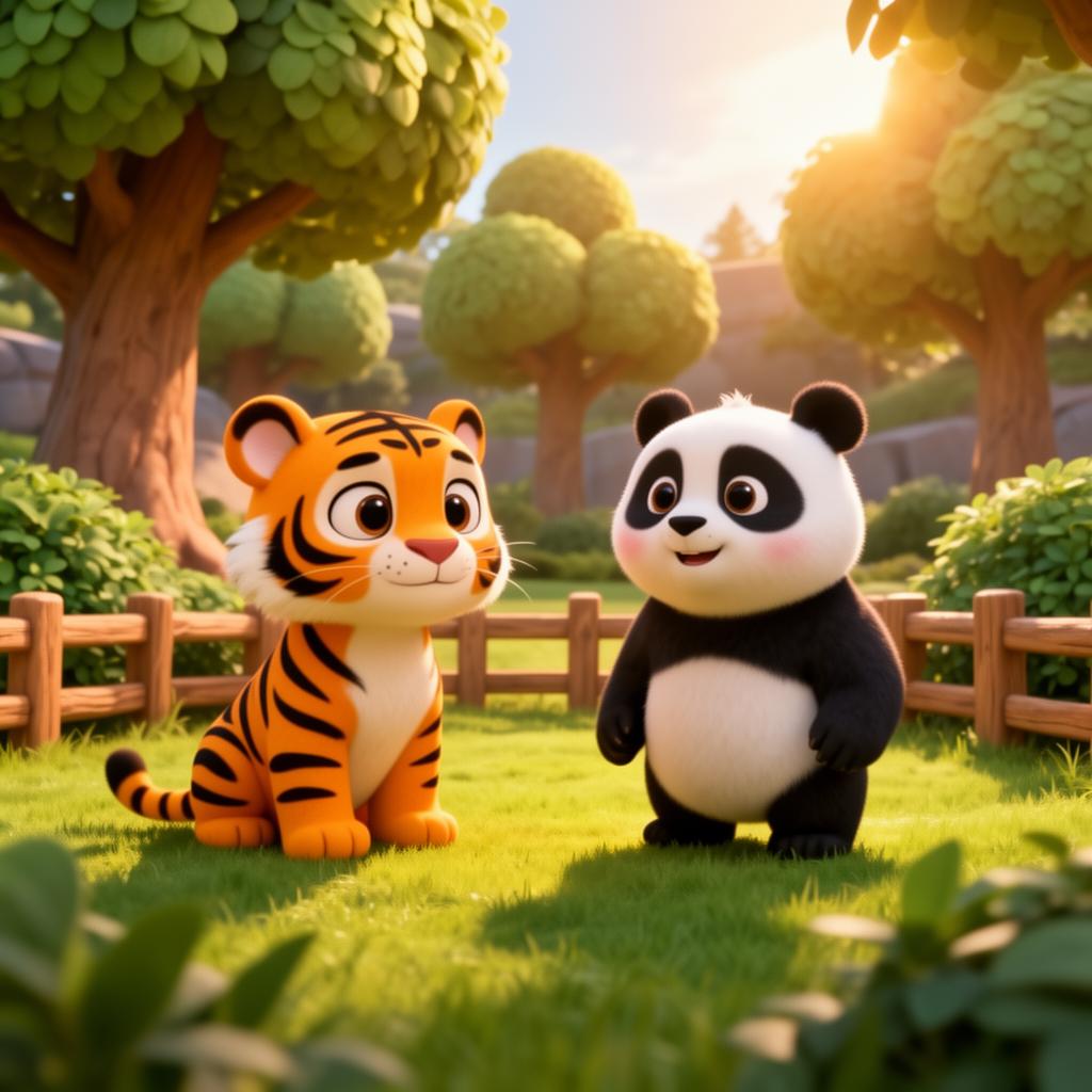 Adorable cartoon tiger and panda in a sunny zoo